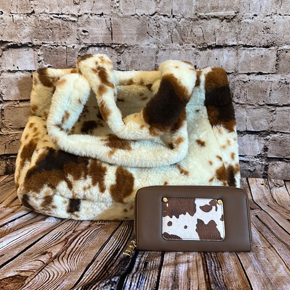 Handbags - Brown cow print fuzzy matching purse and wallet